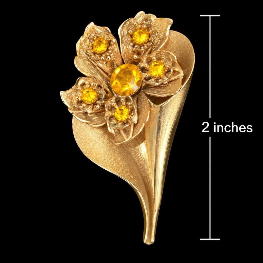 Vtg Yellow Rhinestone Wrapped Bouquet Brooch Gold Tone Floral MCM Flower Pin
